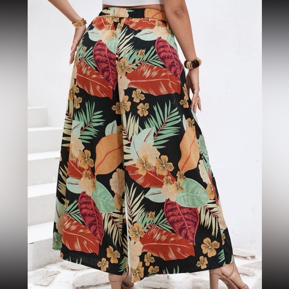 Boho floral leaves tropical print wide leg palazzo pants - Picture 6 of 12